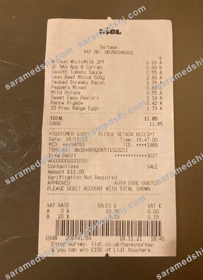 Lidl supermarket payment receipt